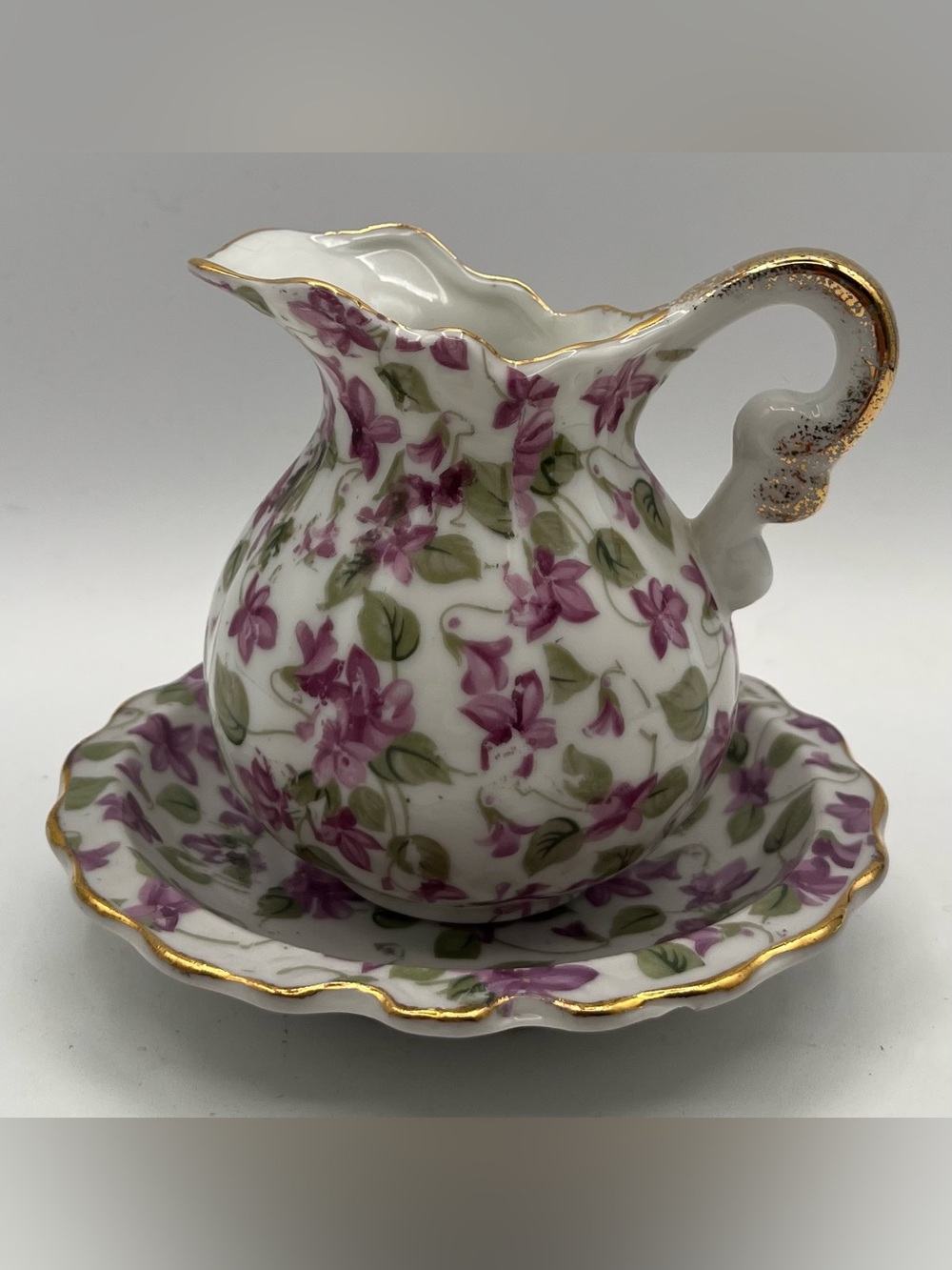 Vintage Royal Chintz Purple Violets Creamer and Saucer Mini Pitcher Gold Trim